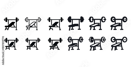 Set of silhouette bench press icons with variations in weight and bench type