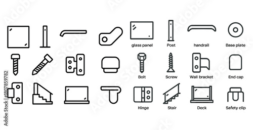 Glass panel hardware components: bolts, screws, wall brackets, hinges, stairs, decks