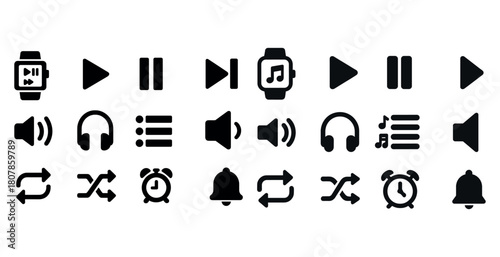 Music and multimedia control icons set with play, pause, volume, and alarm symbols