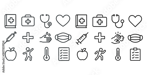 Healthcare icons: medical, heart, mask, hygiene, wellness