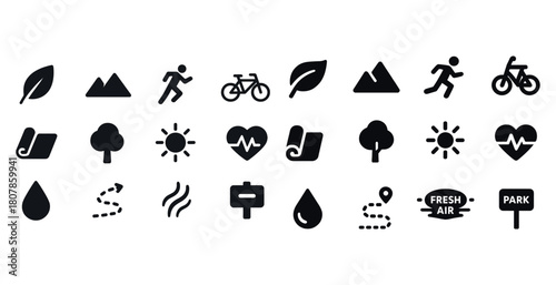 Set of black icons representing outdoor activities and nature concepts