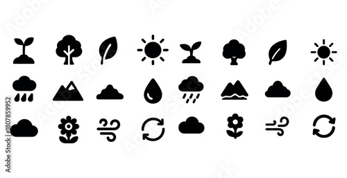 Collection of nature icons including sun, tree, leaf, and weather symbols