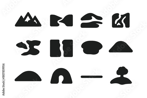 Earth Surface Icon Set. Earth surface features. Solid icon set of Earth surface features: mountain range, valley, desert dune, river delta, canyon, glacier,