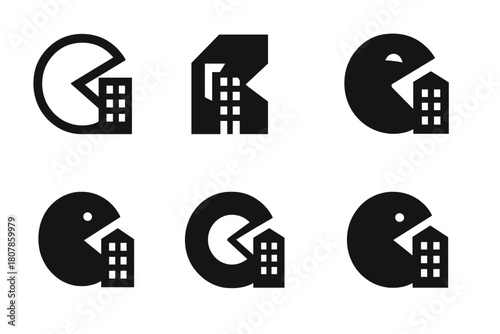 Corporate Logo Variations. Hostile takeover. Icon set. Set Logo of hostile takeover: corporate building being consumed by larger shape. harmonious logo