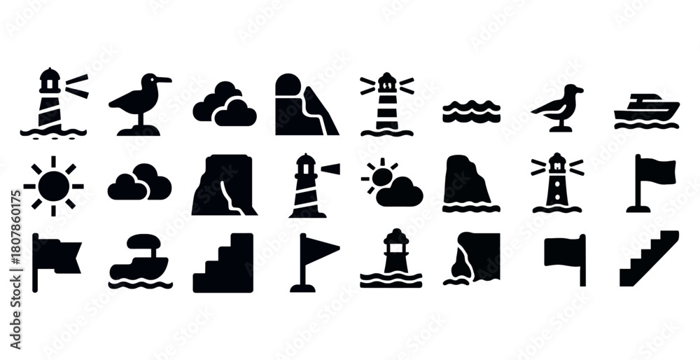 Obraz premium Nautical silhouettes: lighthouses, seagulls, waves, ships, flags, clouds, sun