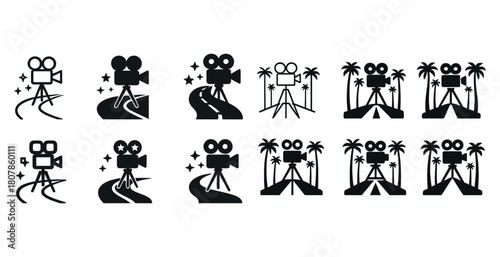 Icon set of filmmaking cameras and palm trees in minimalistic black design