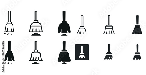 Set of broom icons in various styles for cleaning and maintenance themes
