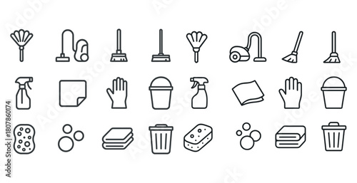 Set of cleaning tools icons: mops, vacuum, sprays, buckets, gloves, sponges