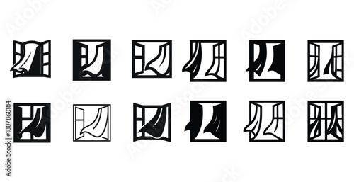 Set of open windows with draped curtains icons in black and white