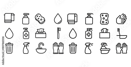Hygiene icons collection featuring soap, towel, trash bin, and more for cleanliness and sanitation