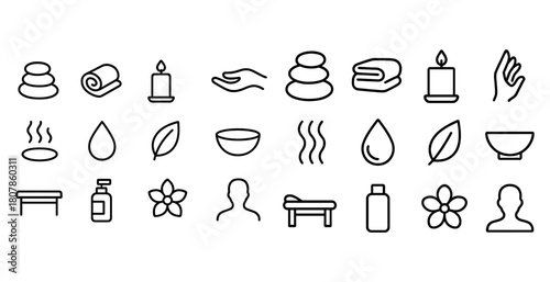 Collection of spa and wellness symbols featuring candles, stones, and leaves