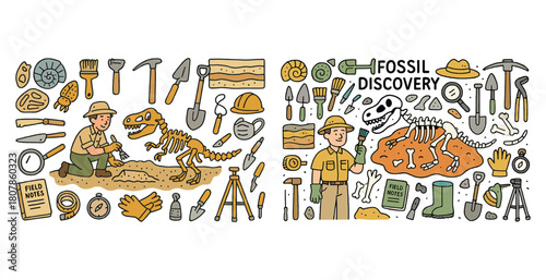 Young caucasian paleontologist uncovers dinosaur fossil with dig tools and fossil illustrations