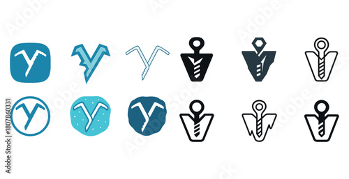 Diverse climbing anchor icon set in blue and black
