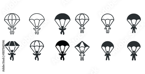 Set of parachute icons featuring various parachuting styles and designs