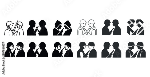 Icon set of construction workers in various poses