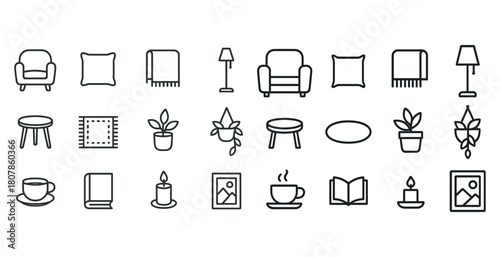 Minimalist furniture and decor icons set: armchair, cushion, lamp, plant, coffee, book