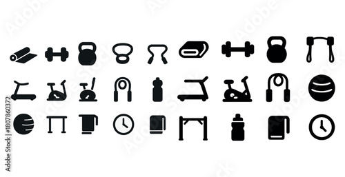 Collection of fitness icons featuring gym equipment and exercise tools