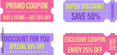 Discount coupons. Pink coupon. purple coupon. Vector illustration