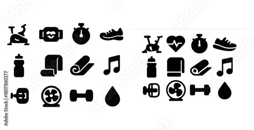 Silhouette icons of fitness equipment and accessories