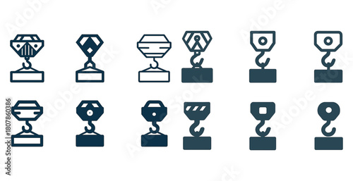 Set of industrial crane hooks icons in various styles and shapes