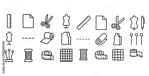 Seamstress tools: scissors, mannequin, ruler, sewing pins, fabric roll