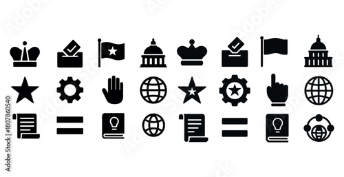 Political symbols and icons: vote, government, globe, education