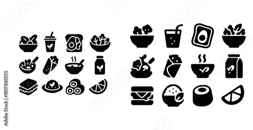 Assorted vegan icons: soy milk, salad, roll, juice, tofu, bowl, wrap, noodles, citrus