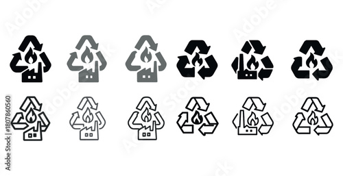 Set of recycling and incineration icons in various styles