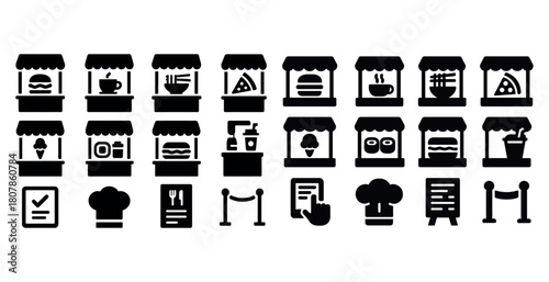 Market stall icons: food, drink, menu, and chef illustrations