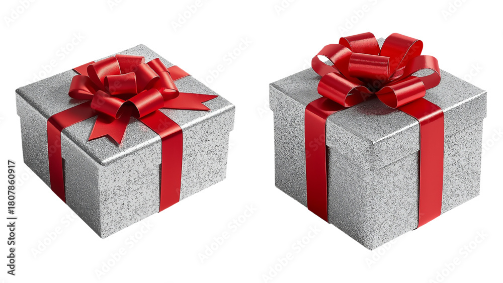 Obraz premium Silver Glitter Christmas Gift Box with Red Ribbon Photorealistic PNG isolated transparent background, editable vector artwork ai illustration file, Christmas gift box photorealistic 