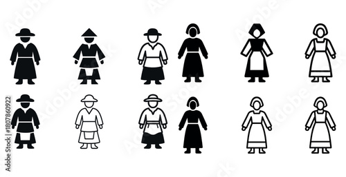 Diverse traditional attire line and solid icons collection