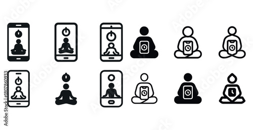 Meditation app icons: smartphone and yoga poses in simple black outlines