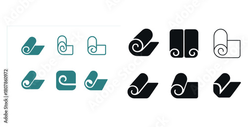 Abstract rolled yoga mat icon set in different styles and colors
