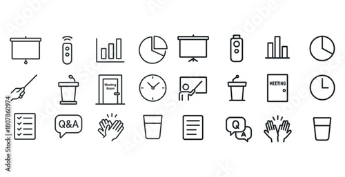 Office presentation and meeting icons: charts, projector, podium, clock, q&a, applause