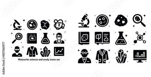Meteorite science and study icons set with microscopes and laboratory elements