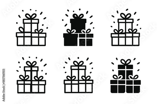 Stacked Presents Icons. Presents stacked up. Icon set. Set Logo of Presents stacked up: Confetti. harmonious logo variations of the same emblematic concept
