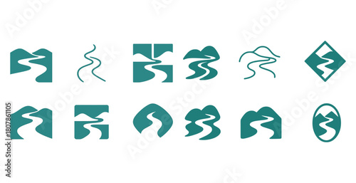 Minimalist river-themed logos in teal: abstract shapes in various geometric forms