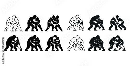 Monochrome wrestling silhouettes: diverse grappling techniques and stances