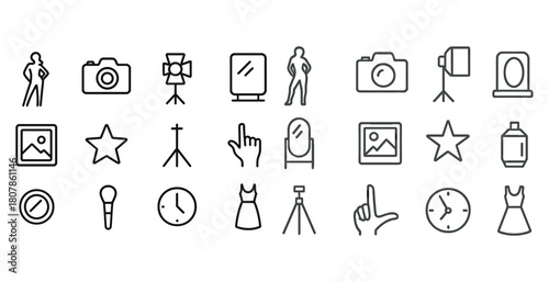 Photography equipment and fashion outfit line icons set