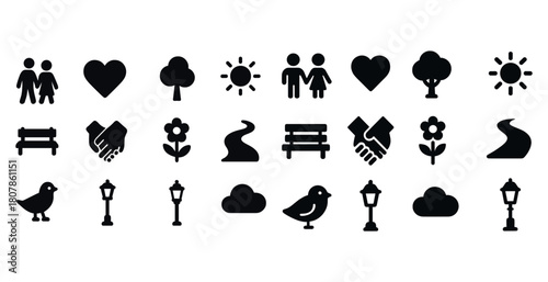 Vector icons: couples, nature, sun, bench, handshake, flower, path, bird, lamp, cloud