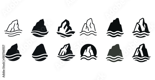 Stylized rock and wave icons in various designs and shades