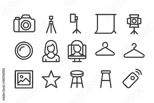 Studio Photography Icons. Studio Photography. Line icon set of Studio Photography: camera, tripod, light, backdrop, lens, model, computer, hanger, photo frame,