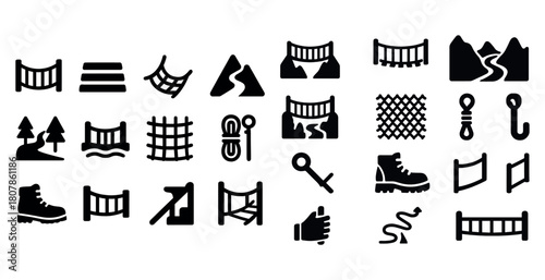 Collection of adventure and outdoor icon illustrations featuring mountains, footwear, and gear