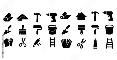 Collection of black silhouette diy tools and equipment icons