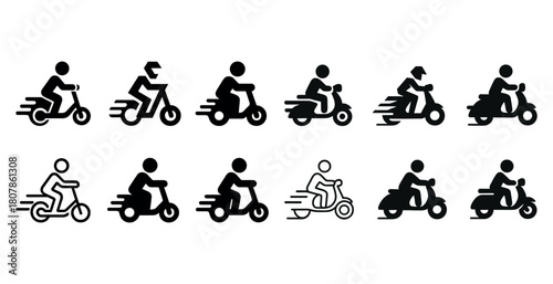 Stylized scooter icons in motion set: various designs and poses