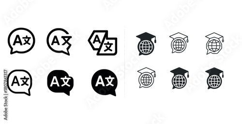 Language translation and education icon set: speech bubbles and graduation caps
