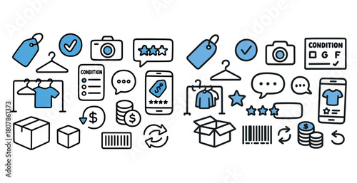 E-commerce icons set: shopping, rating, payment, shipping, and social elements in blue and black