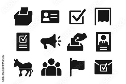 Elections Icon Set. Elections and voting. Solid icon set of Elections and voting: ballot box, ID card, checkmark, polling booth, election flyer, megaphone,