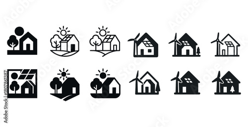 Eco-friendly home icons with solar panels and wind turbines