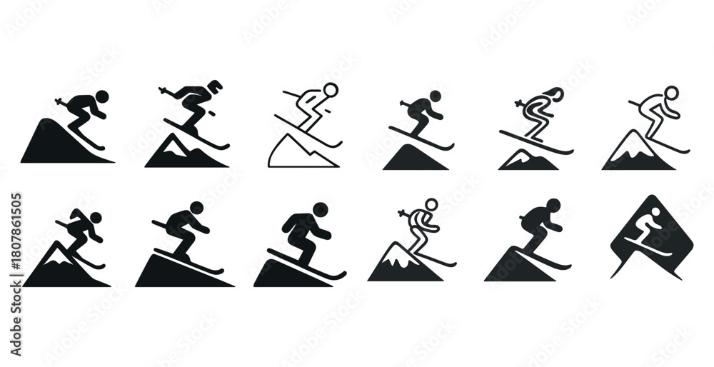 Fototapeta premium Monochrome minimalist skiing and snowboarding icon set on various slopes